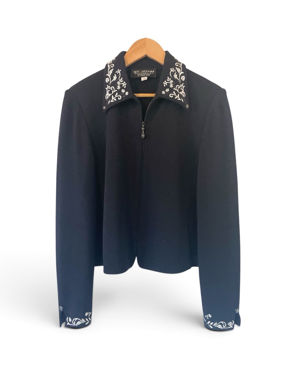 St. John’s Collection Black Jacket with White Embroidered Collar & Cuff Sz 10